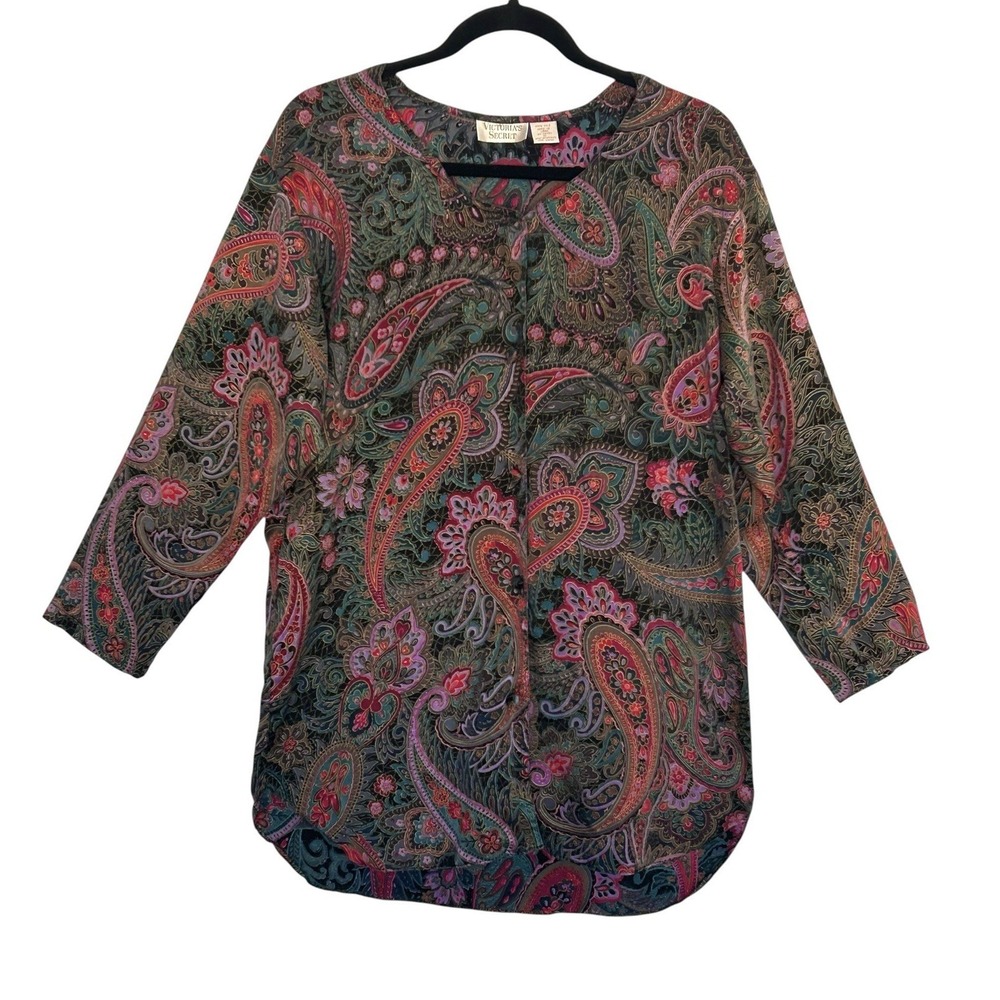 Victoria's Secret Sleep Shirt Small 90s 100% Silk Gold Label Floral Paisley